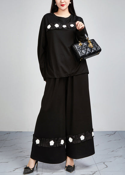 Loose Black Pockets Tops and Wide Leg Pants Cotton Two-piece Set Fall