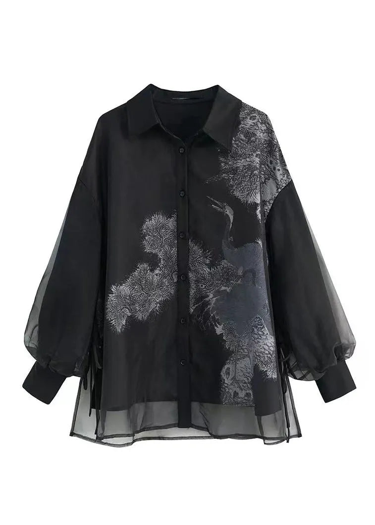 Black Peter Pan Collar Print Tulle Patchwork Silk Shirts Long Sleeve