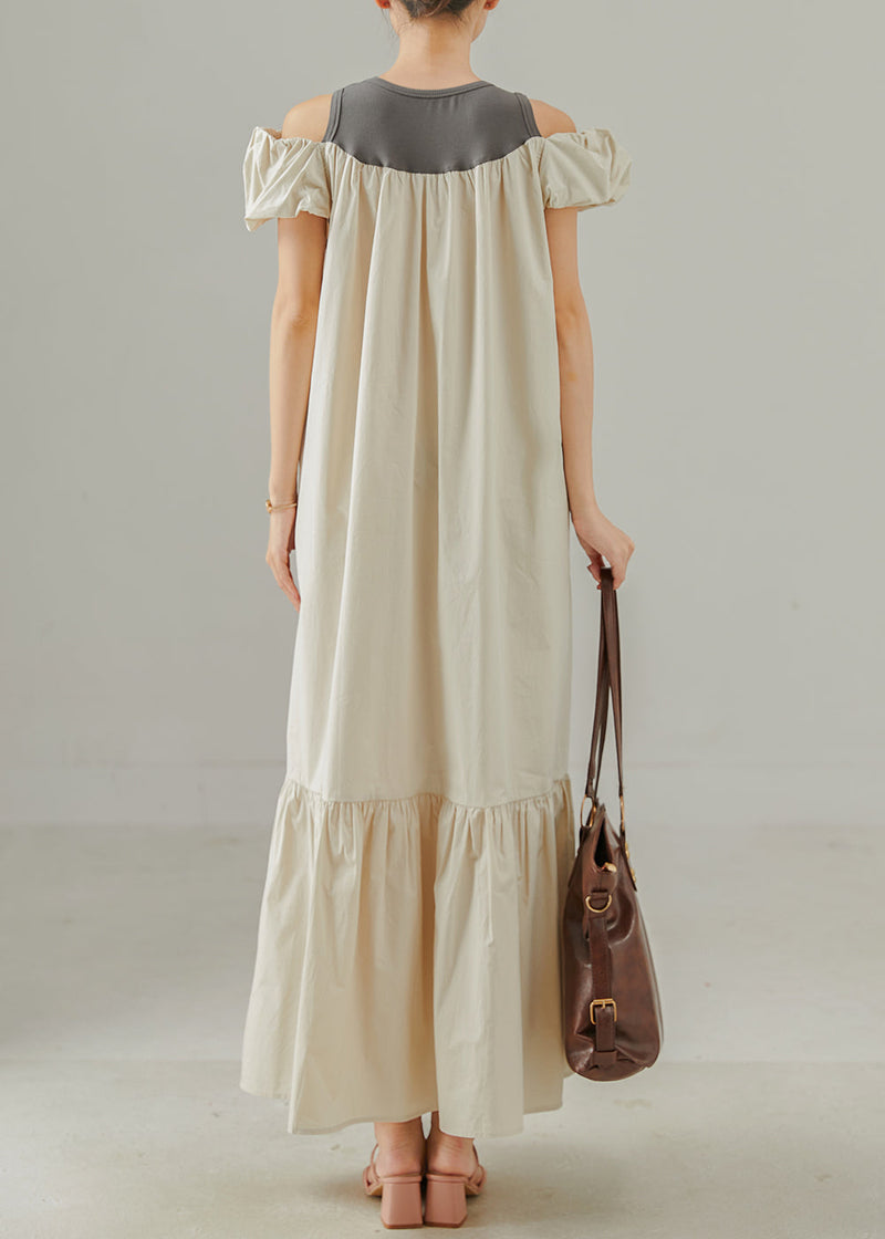 Apricot Cold Shoulder Patchwork Cotton Ankle Dress Summer