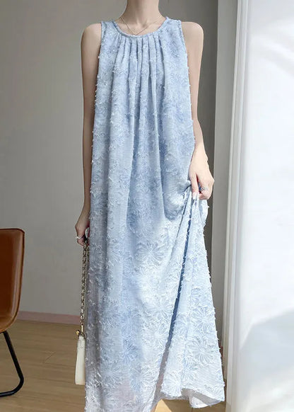 French Blue O Neck Original Design Cotton Long Dress Sleeveless