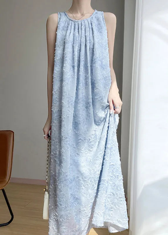 French Blue O Neck Original Design Cotton Long Dress Sleeveless