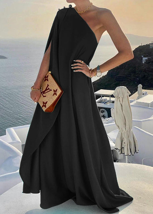 Black One Shoulder Side Open Cotton Long Dresses Summer