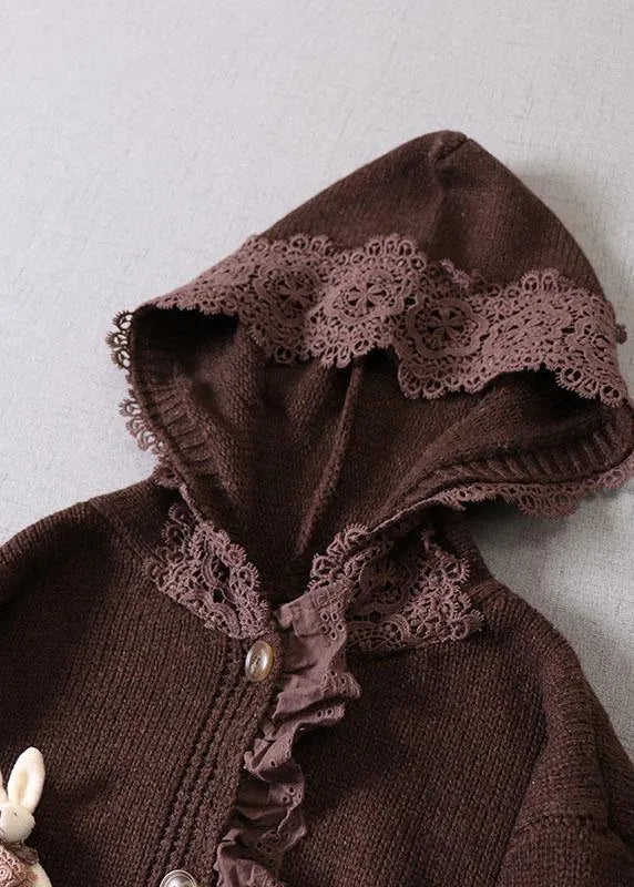 Art Beige Hooded Button Pockets Fall Knit Sweaters Coat