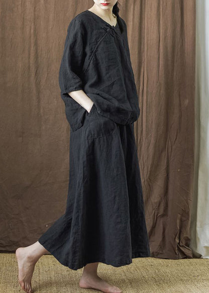 New Black Button Tops and Skirts Linen Two Piece Set Bracelet Sleeve