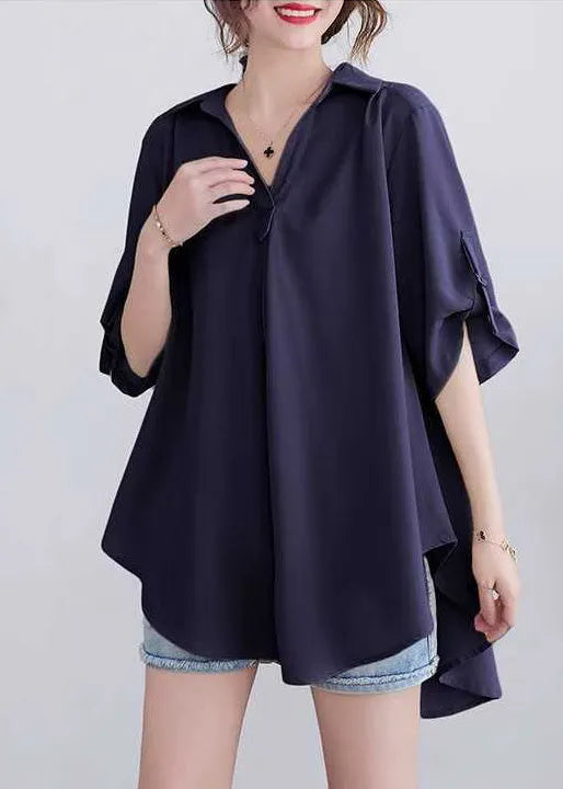 Navy Loose Cotton Tops Peter Pan Collar Summer