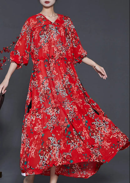 Red Cinched Print Chiffon Vacation Dresses Summer
