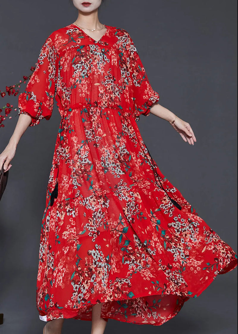Red Cinched Print Chiffon Vacation Dresses Summer