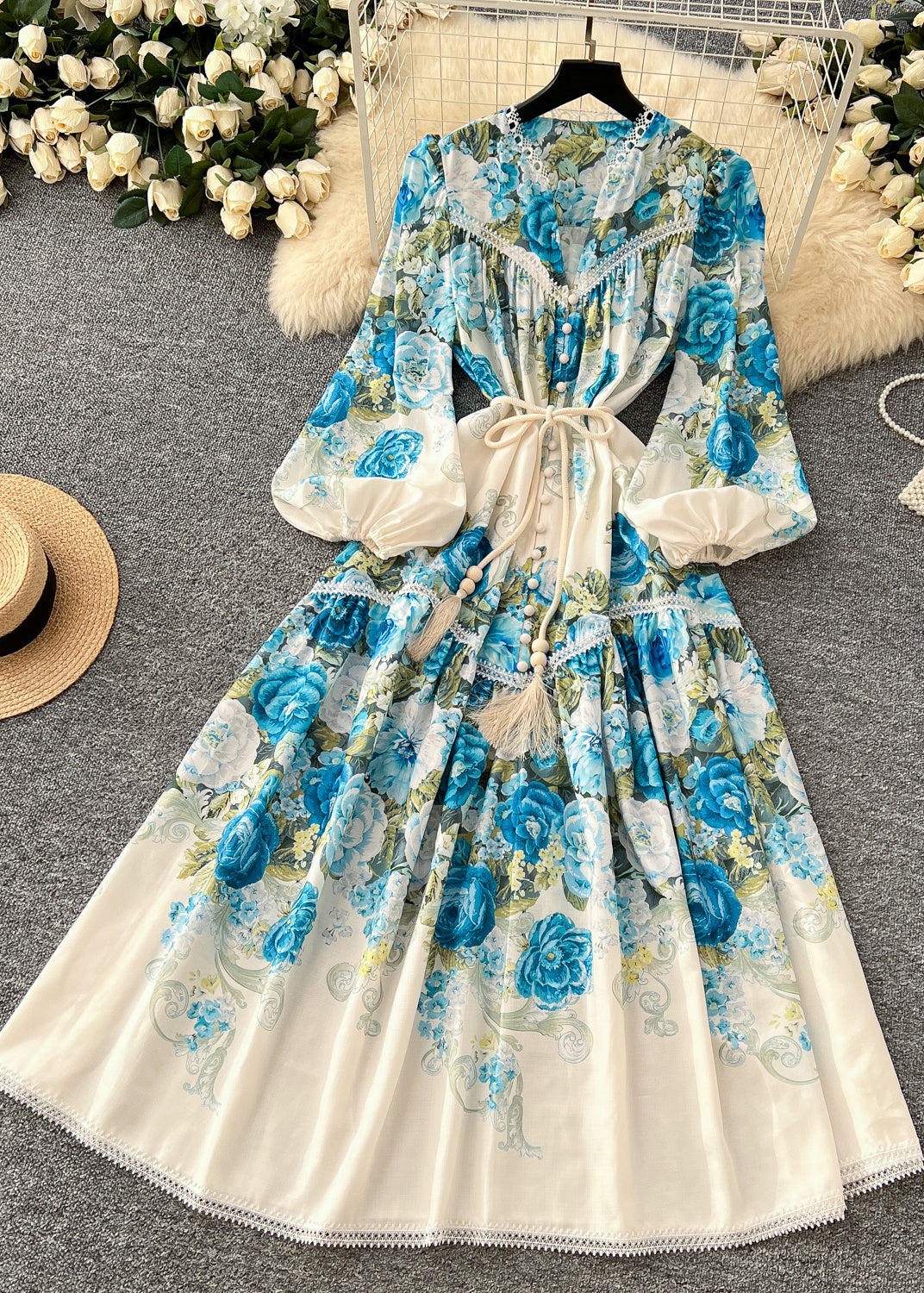 Blue Patchwork Lace Dress Tie Waist Lantern Sleeve
