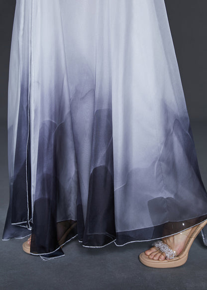 Gradient Color Ink and Wash Print Layered Chiffon Pants Skirts Summer