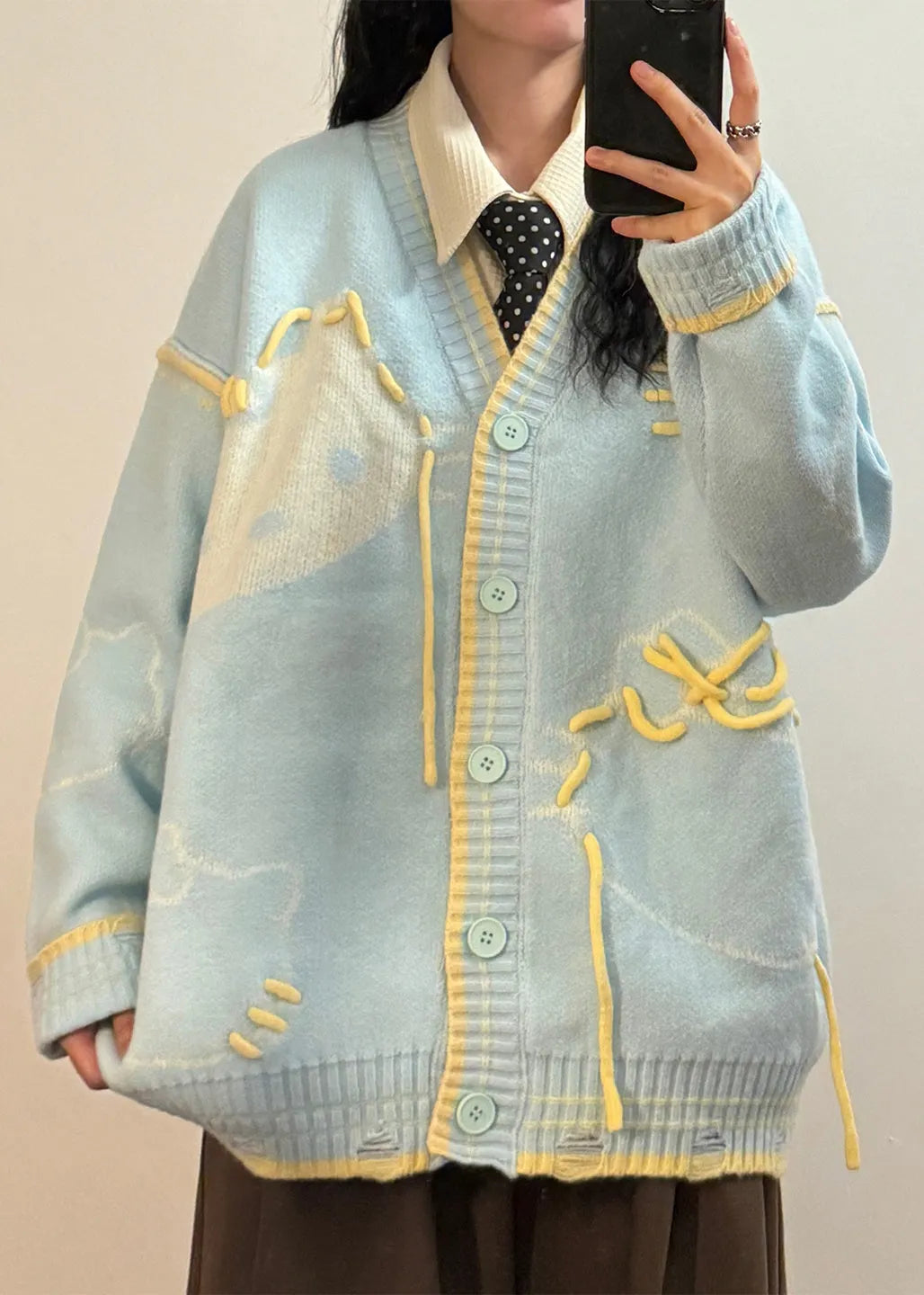 Blue Hole Cats Patchwork Knit Coats V Neck
