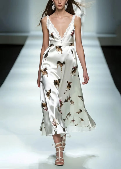 Classy White Print Draping Silk Cami Dresses Summer