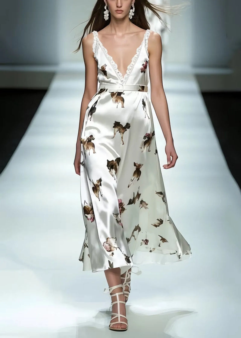 Classy White Print Draping Silk Cami Dresses Summer