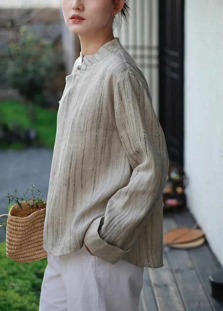 Chinese Style Khaki Stand Collar Patchwork Linen Shirts Spring
