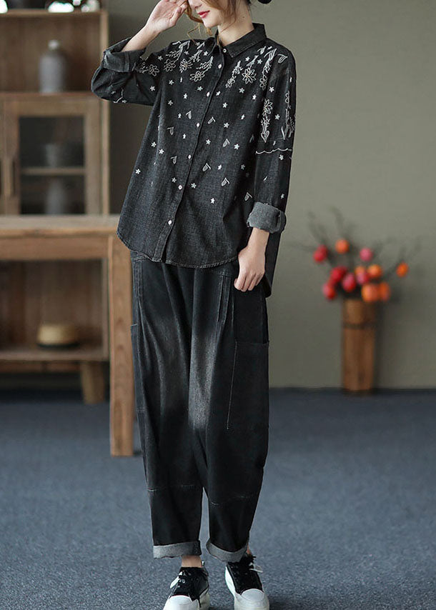 Black Patchwork Cotton Shirt Top Peter Pan Collar Embroidered Spring