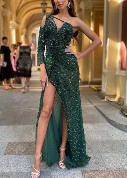 Champagne Sequins Single Shoulder Slim Fit Long Dress Summer