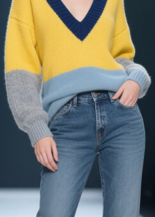 Yellow V Neck Patchwork Knit Pullover Winter