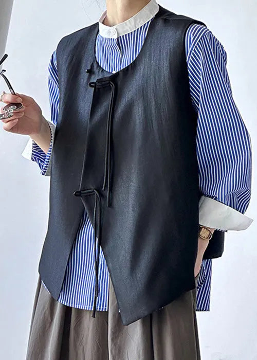 French Black Button Cotton Waistcoat Sleeveless