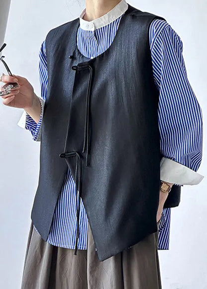 French Black Button Cotton Waistcoat Sleeveless