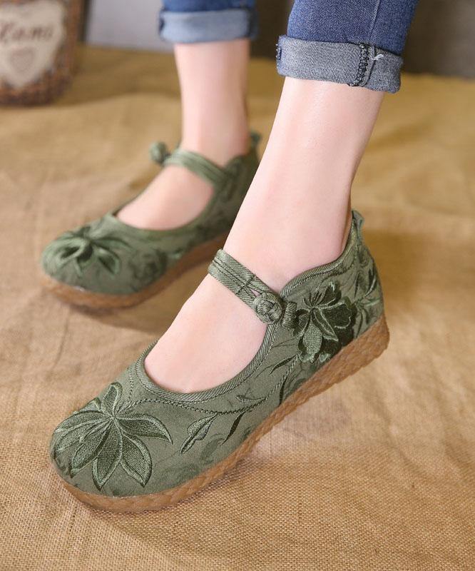Buckle Strap Flat Feet Shoes Green Embroidered Cotton Fabric
