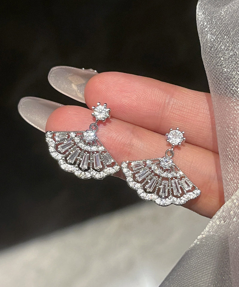 Chinese Style White Copper Zircon Fan-shaped Tassel Drop Earrings