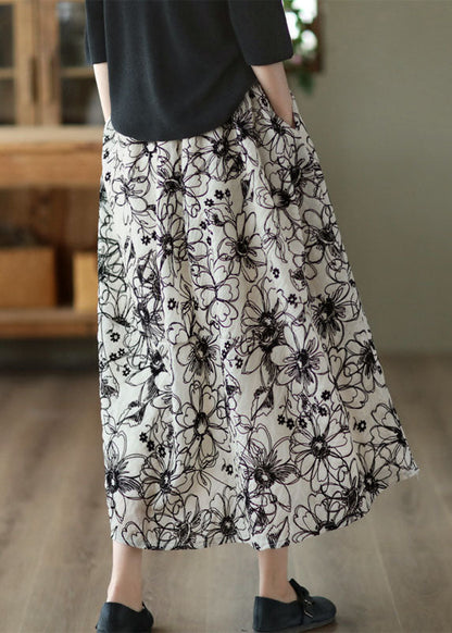 Beige Wrinkled Embroidered Linen Skirt Summer