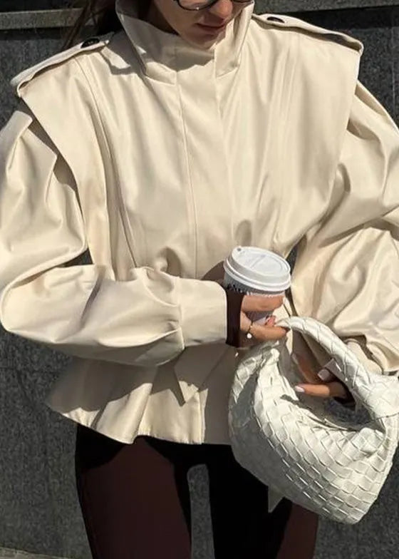 Stylish Apricot Stand Collar Lace Up Cotton Short Coats Fall