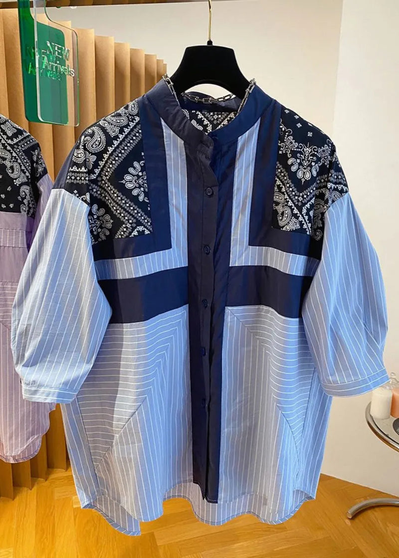 Blue Stand Collar Print Patchwork Shirt Fall