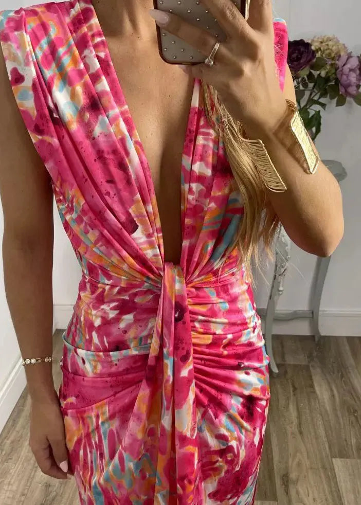 Blue V Neck Print Cotton Long Dress Sleeveless