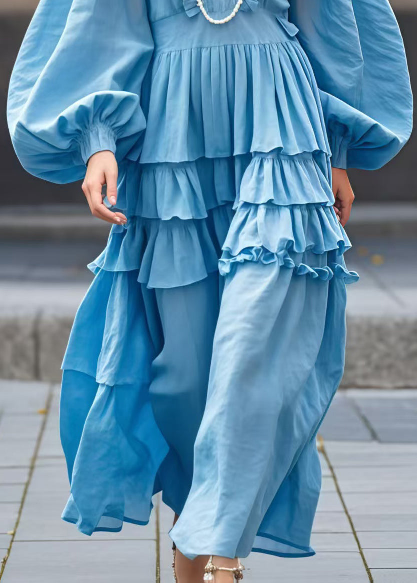 Sea Blue V Neck Ruffled Ankle Dress Lantern Sleeve