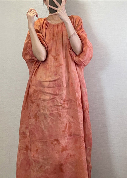 Boutique Orange O-neck Print Maxi Dresses Long Sleeve