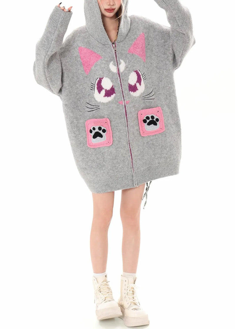 Art Black Hooded Cat Embroidered Knit Cardigan Winter