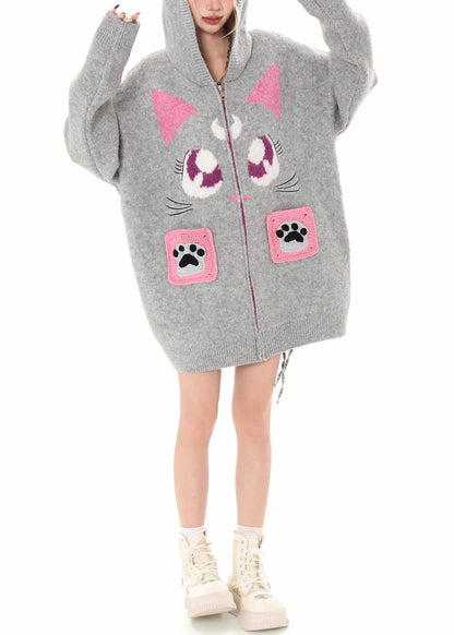 Art Black Hooded Cat Embroidered Knit Cardigan Winter
