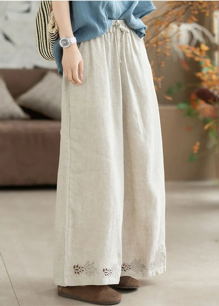 White Embroidered Elastic Waist Linen Straight Pants Summer