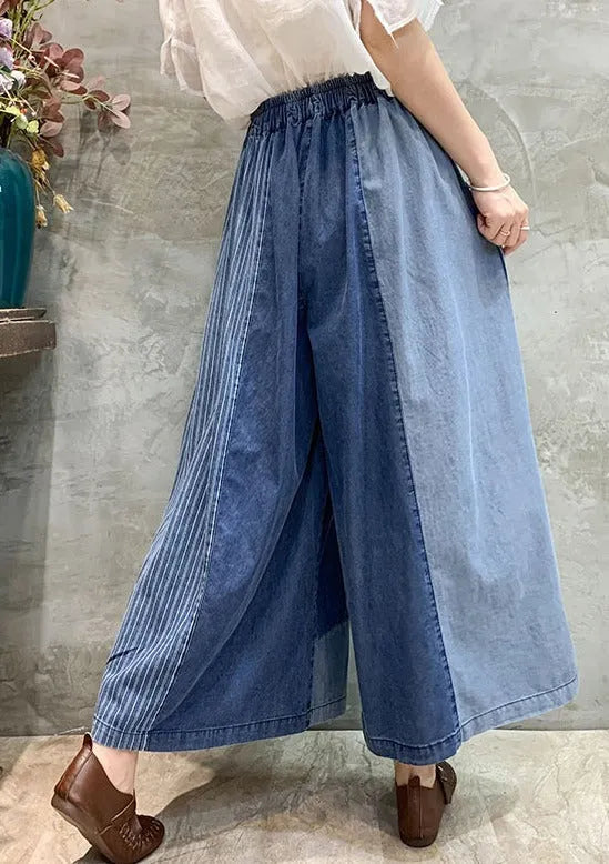 Drawstring Elasticity Plaid Split-joint Ninth Denim Pants