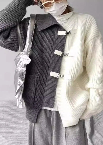 Boutique Grey Asymmetrical Buckle Patchwork Knit Sweaters Spring