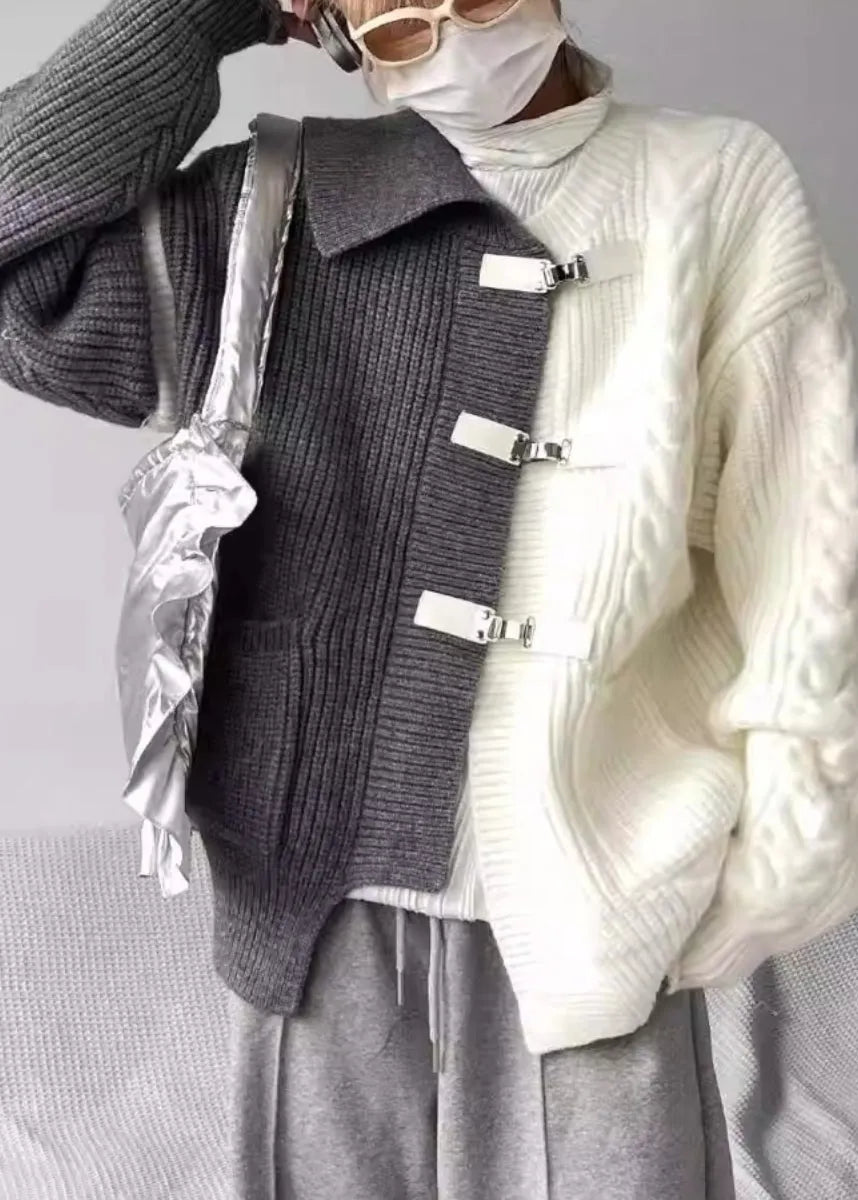 Boutique Grey Asymmetrical Buckle Patchwork Knit Sweaters Spring