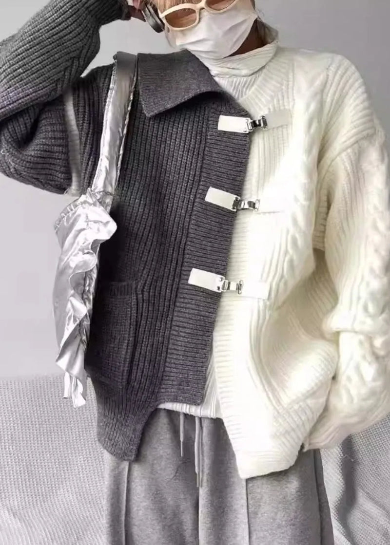 Boutique Grey Asymmetrical Buckle Patchwork Knit Sweaters Spring