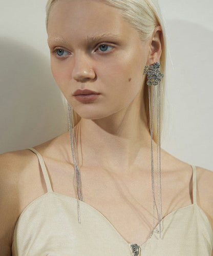 Retro Silvery Zircon Long Tasseled Metal Drop Earrings