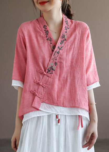 Orange Oriental Embroidered Cotton Blouses Half Sleeve