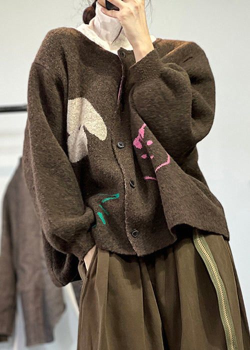 Coffee O Neck Button Knit Coat Long Sleeve