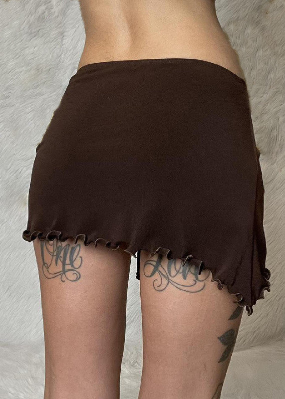Brown Ruffled Lace Up Cotton Skirt Summer