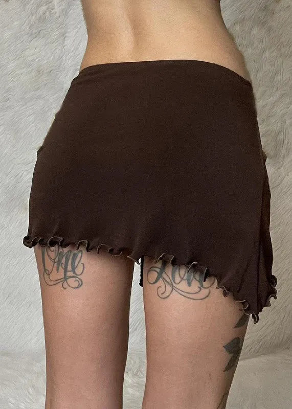 Brown Ruffled Lace Up Cotton Skirt Summer