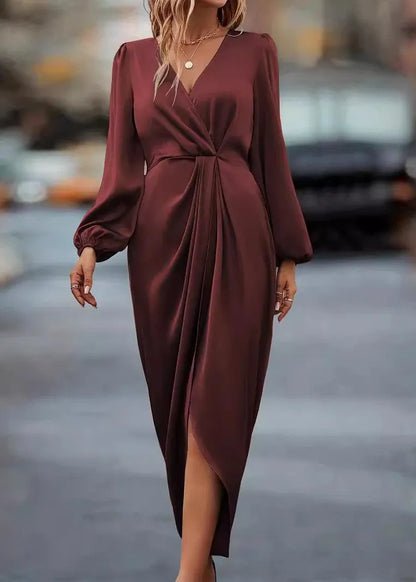 Organic Champagne V Neck Asymmetrical Silk Long Dresses Puff Sleeve