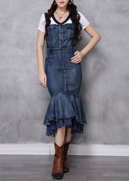Slim Fit Navy Slash Neck Patchwork Spaghetti Strap Denim Fishtail Dress Summer