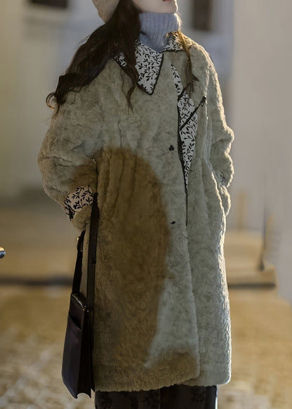Moss Green Peter Pan Collar Pockets Patchwork Faux Fur Long Coats Winter