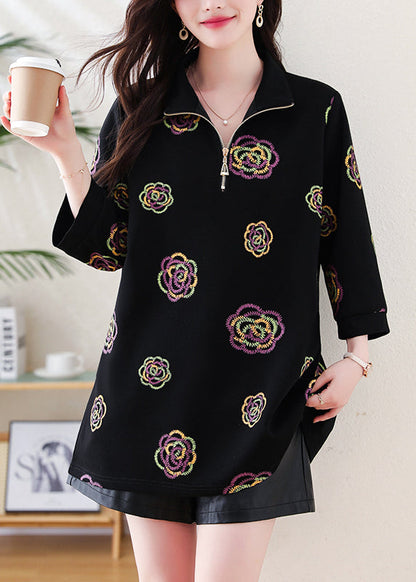 Black Zip Up Print Cotton Sweatshirts Top Fall
