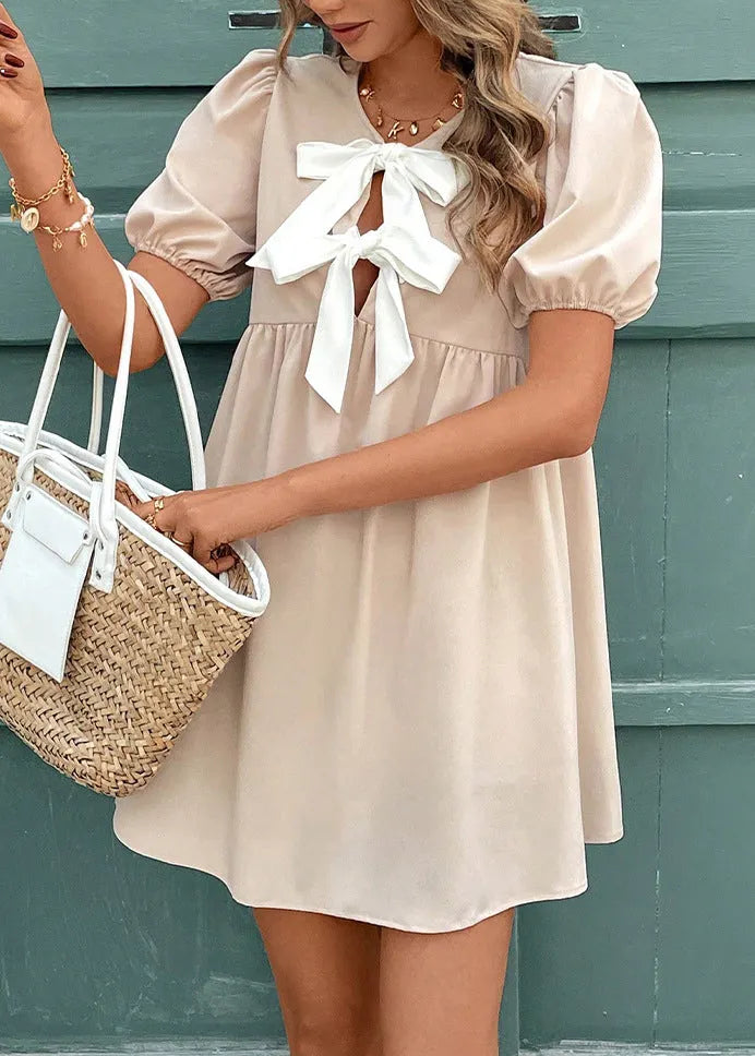 French Apricot Puff Sleeve Bow Cotton Mid Dresses Summer