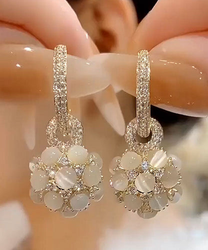 Gold Copper Alloy Zircon Opal Spherical Drop Earrings