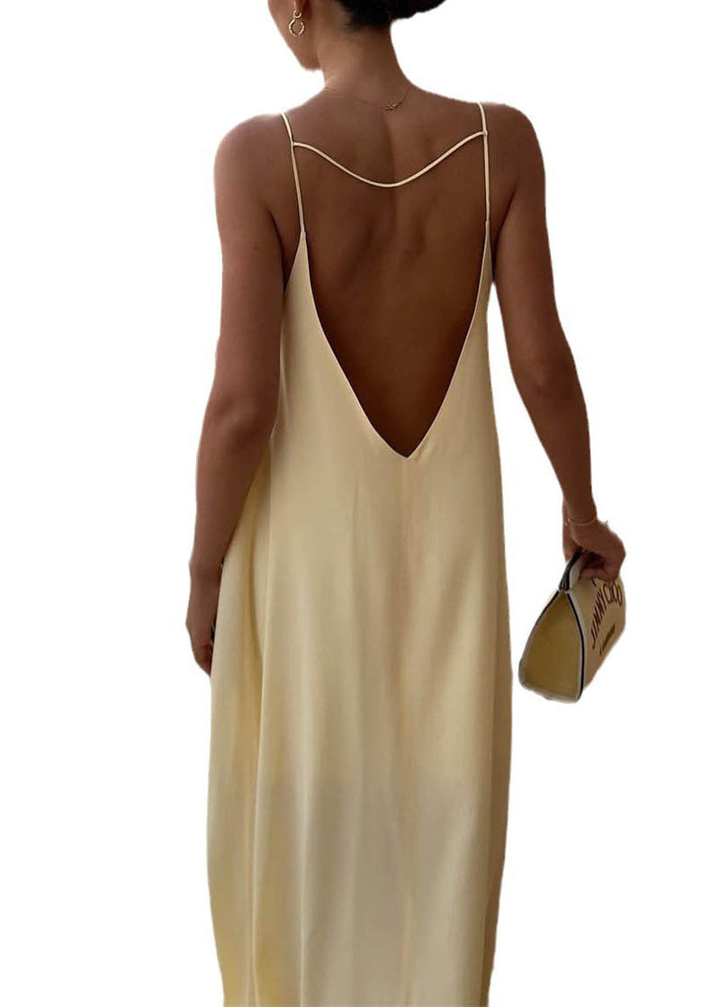Apricot Backless Silk Spaghetti Strap Dress Summer