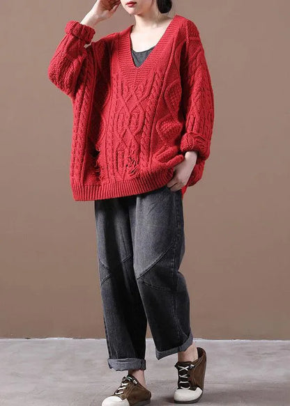 Khaki Hole V Neck Fall Cozy Sweater
